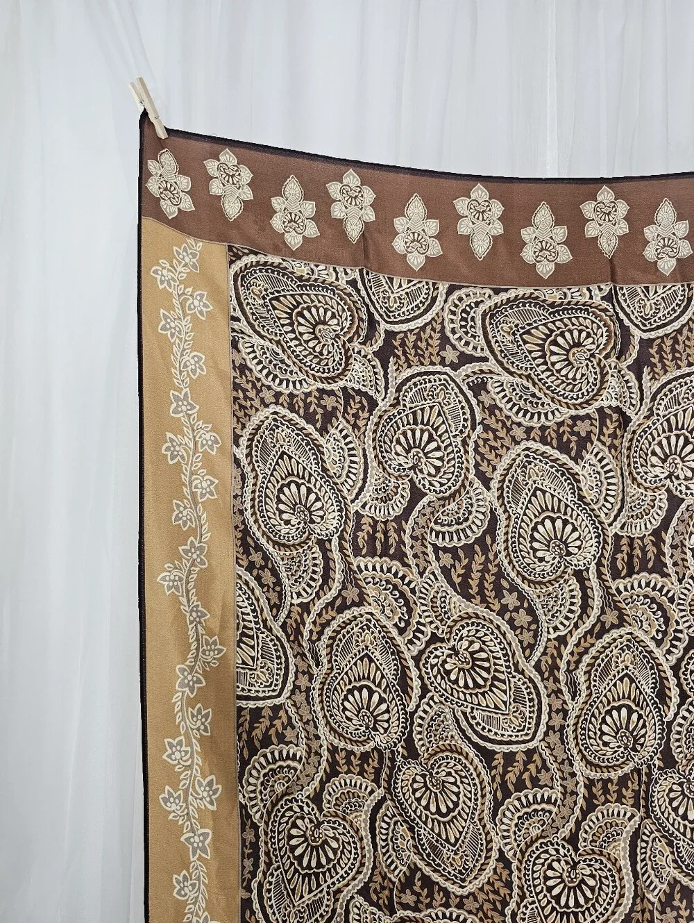 Echo 100% Silk Square Scarf Brown Tan Floral Paisley Boho Neck Hair Bag